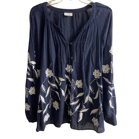 J Jill button up blouse embroidered gauze navy blue button up Large - Picture 2 of 9